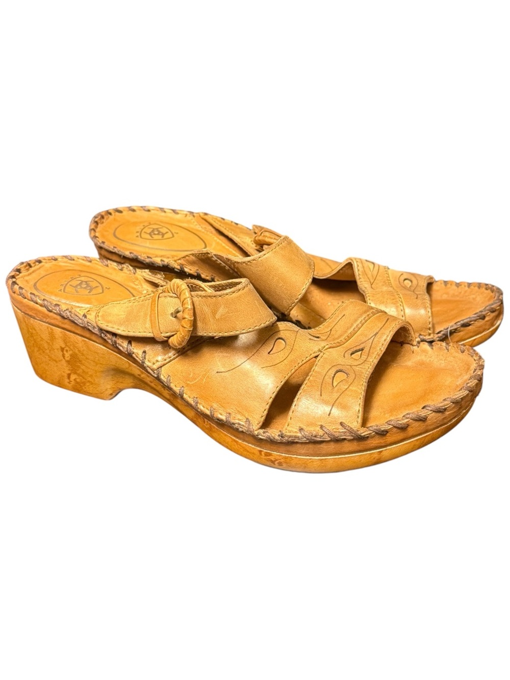 Ariat Womens 8 Leather Wedge Sandals Tan Brown Western Tooled Buckle
